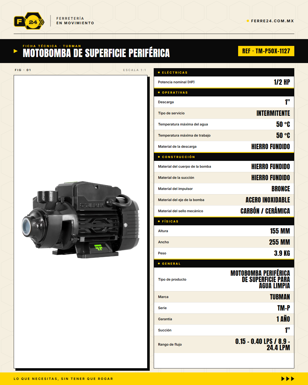 Motobomba Periferica TUBMAN TM-P 1/2 HP - Impulsor de Bronce · specs