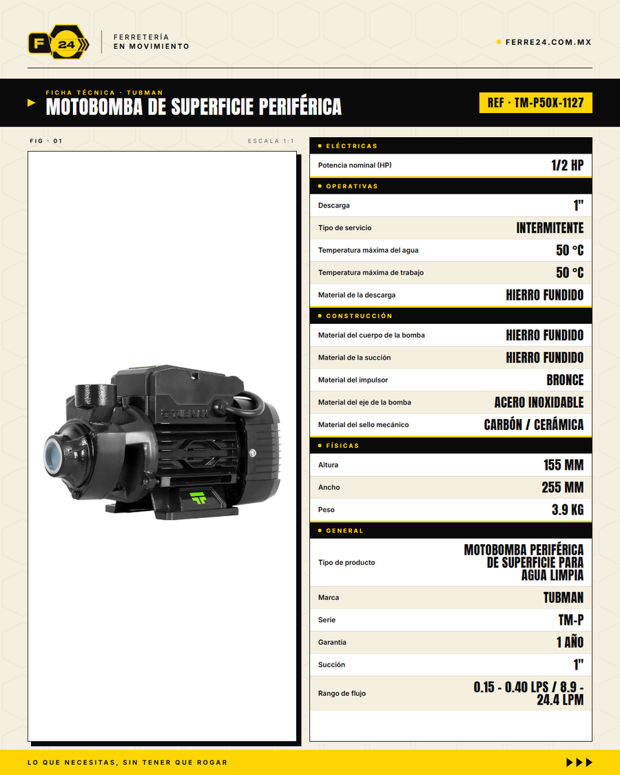 Motobomba Periferica TUBMAN TM-P 1/2 HP - Impulsor de Bronce · specs