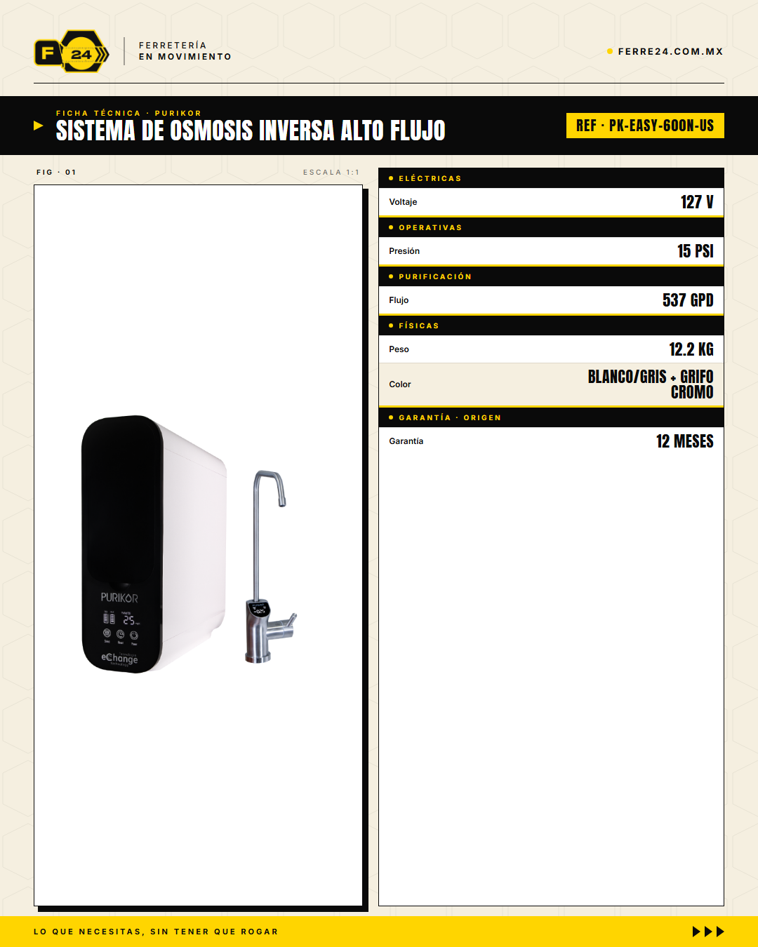 Sistema Ósmosis Inversa PURIKOR 537 GPD — 4 Etapas Sin Tanque · specs