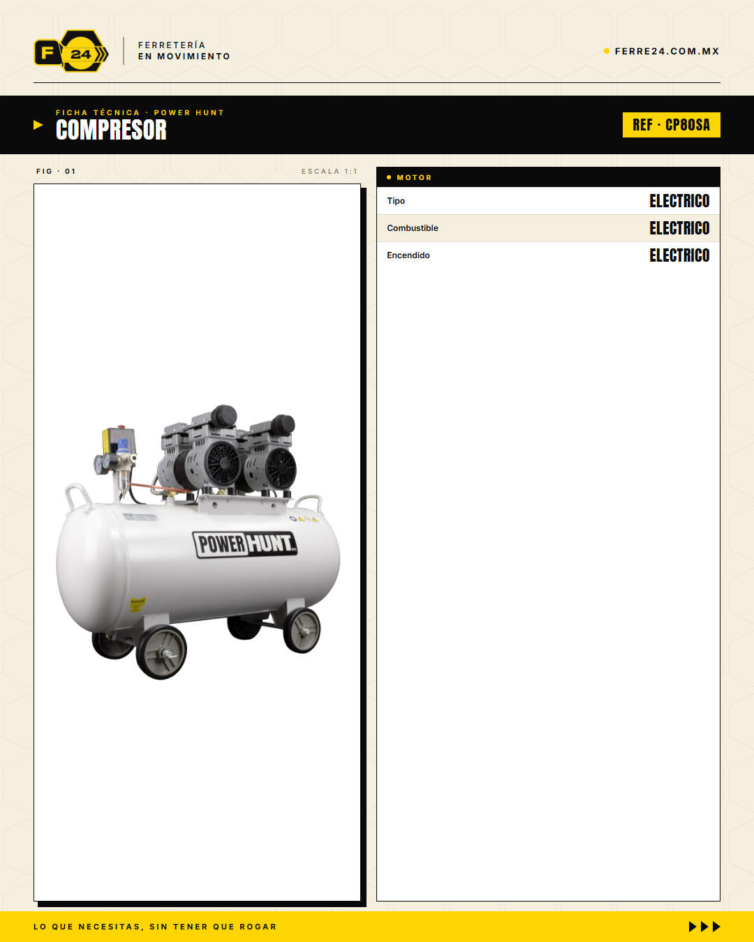 Compresor 80 L libre de aceite, doble conexión rápida. Aire limpio para pintura y neumática. Sin kit: tú usas tus accesorios. · specs