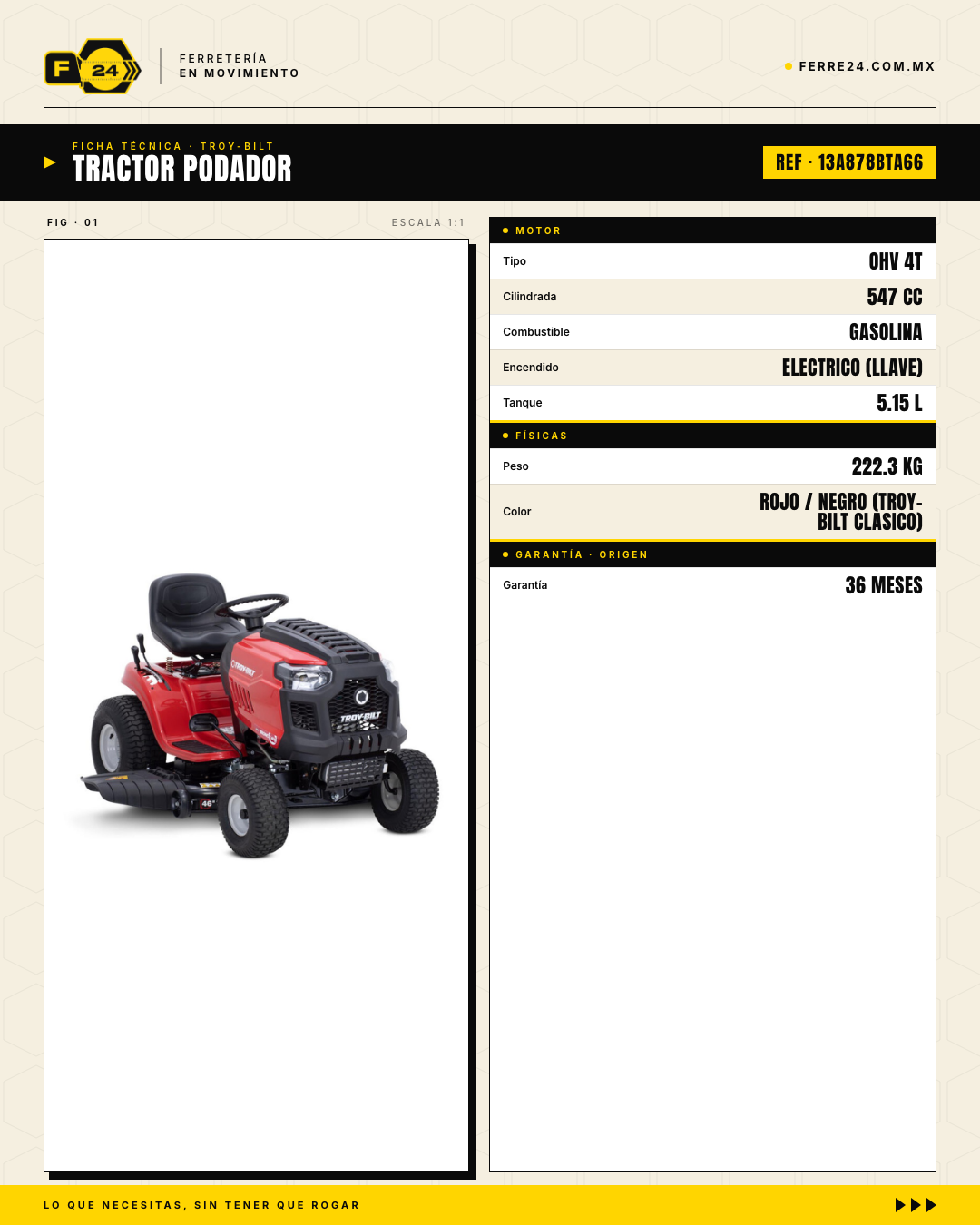 Tractor Podador Troy-Bilt Bronco 46 — Motor 547 cc, Corte 46 · specs