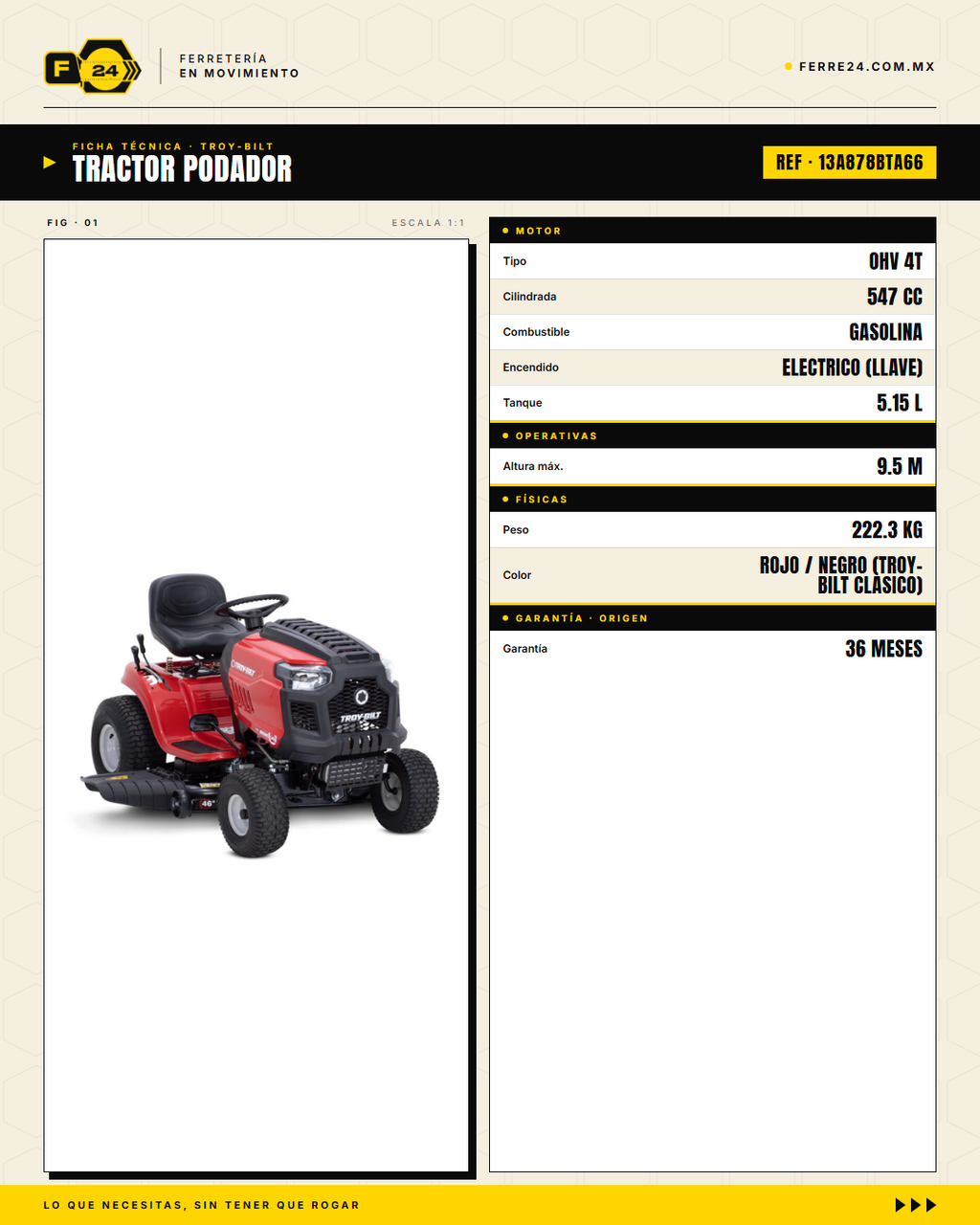 Tractor Podador Troy-Bilt Bronco 46 — Motor 547 cc, Corte 46 · specs