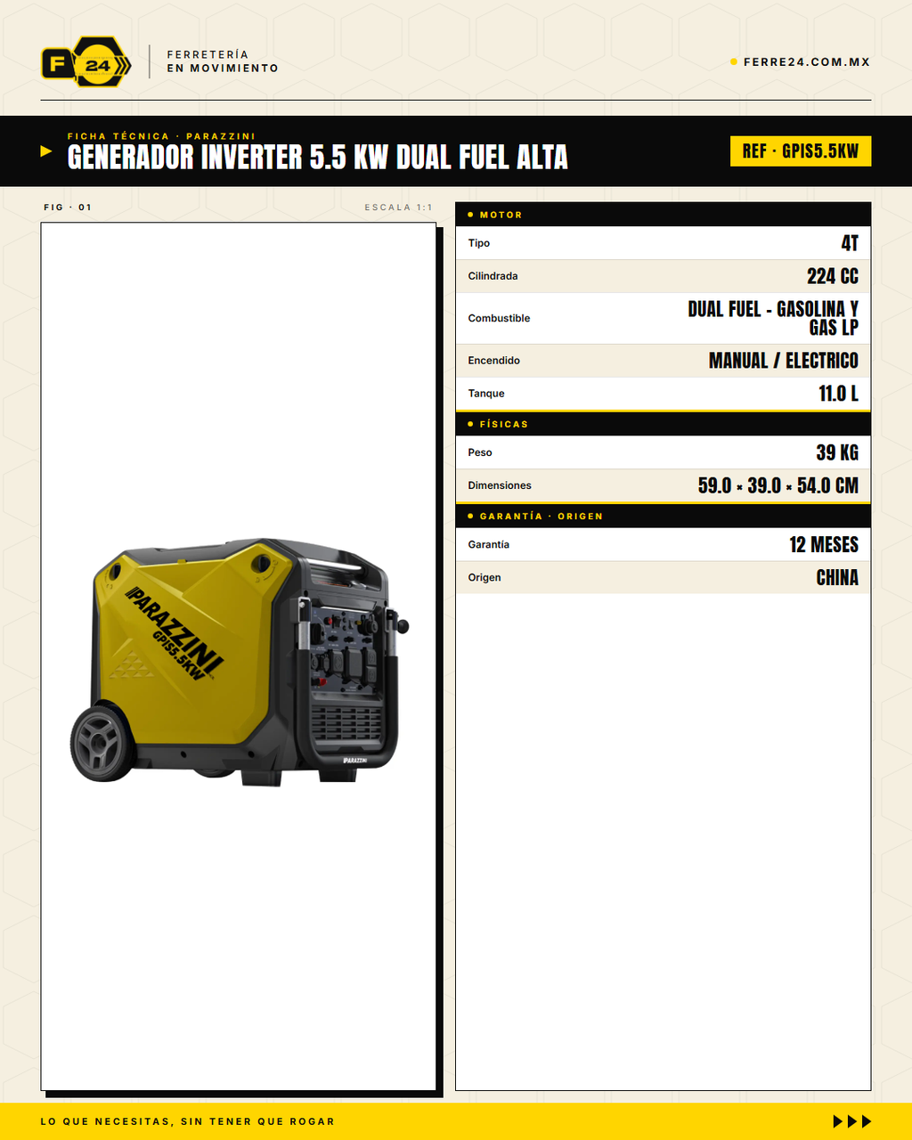 Generador Inverter Dual Fuel 5.5 kW Parazzini — Gasolina o Gas LP · specs