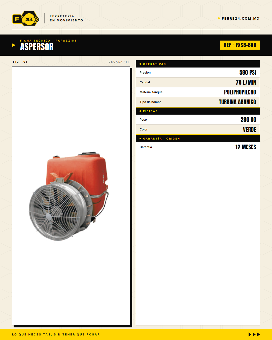 Aspersor Turbina Air-Blast 800 L Parazzini FXS8-800 — PTO 75 HP · specs