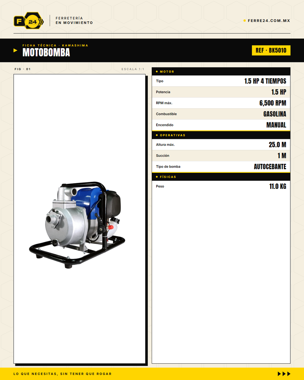 Motobomba Kawashima BK5010 50 cc — 1", 11 kg · specs