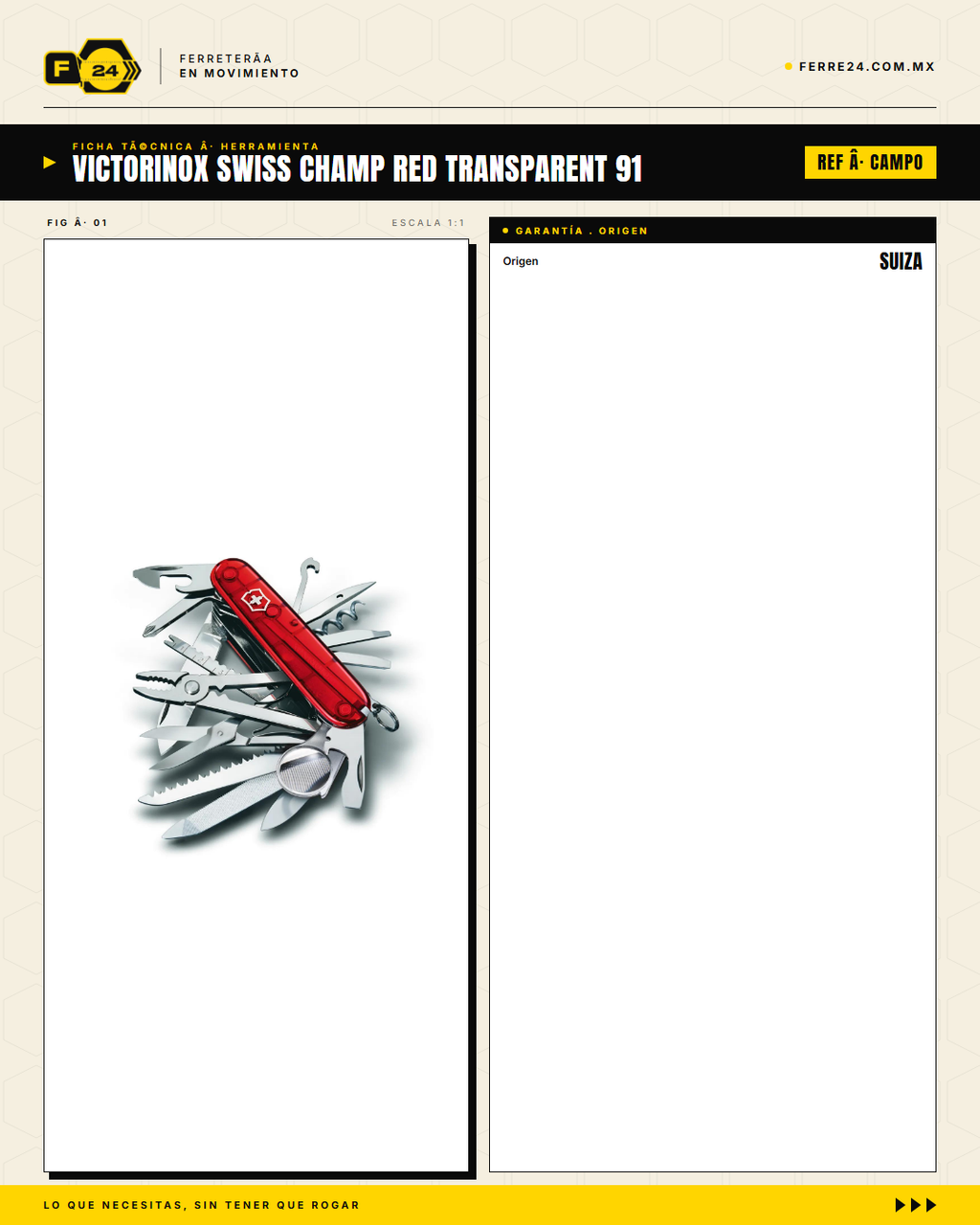 Victorinox Swiss Champ 91mm Rojo Transparente — Navaja Multiusos 33 Funciones — ficha técnica
