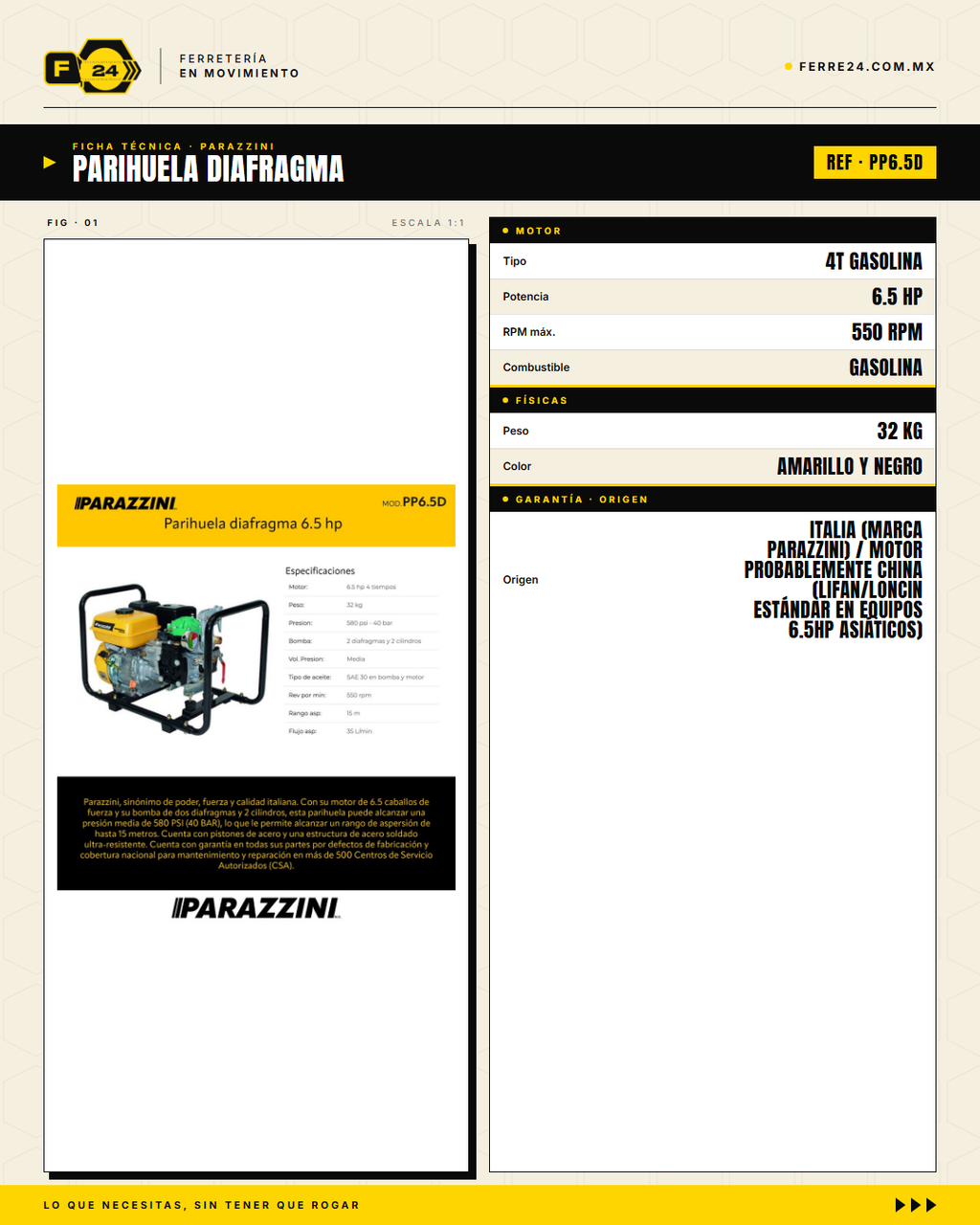 Parihuela Diafragma 6.5 HP Parazzini — Bomba Resistente a Químicos Agresivos · specs