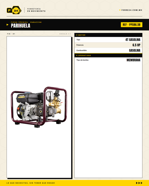 Aspersora Motorizada Parazzini 6.5 HP — Bomba Membrana para Herbicidas y Fungicidas · specs