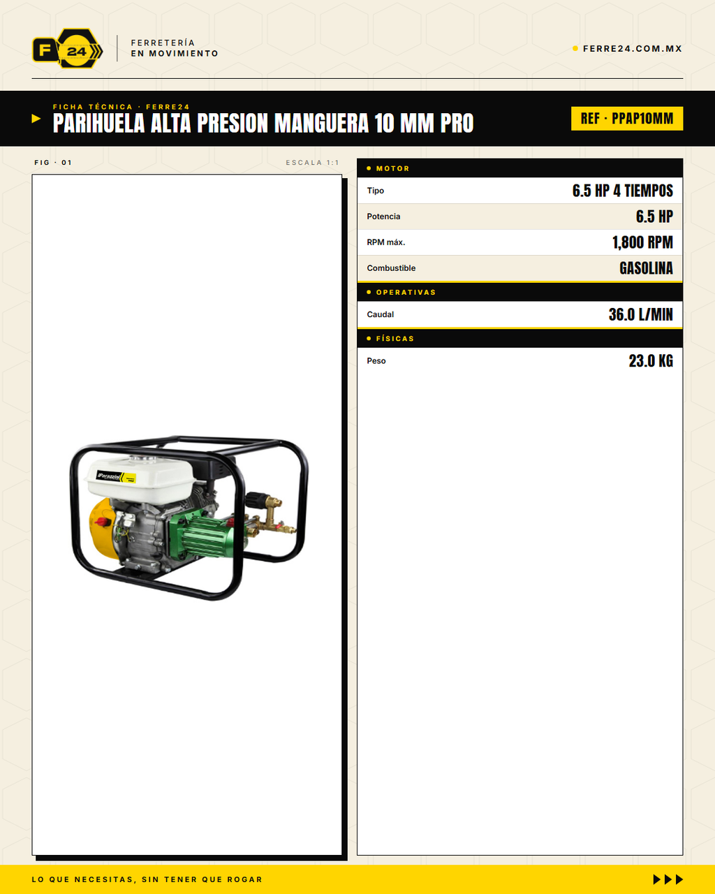 Parihuela Alta Presión — 6 MPa, 15 m de Alcance, 23 kg · specs