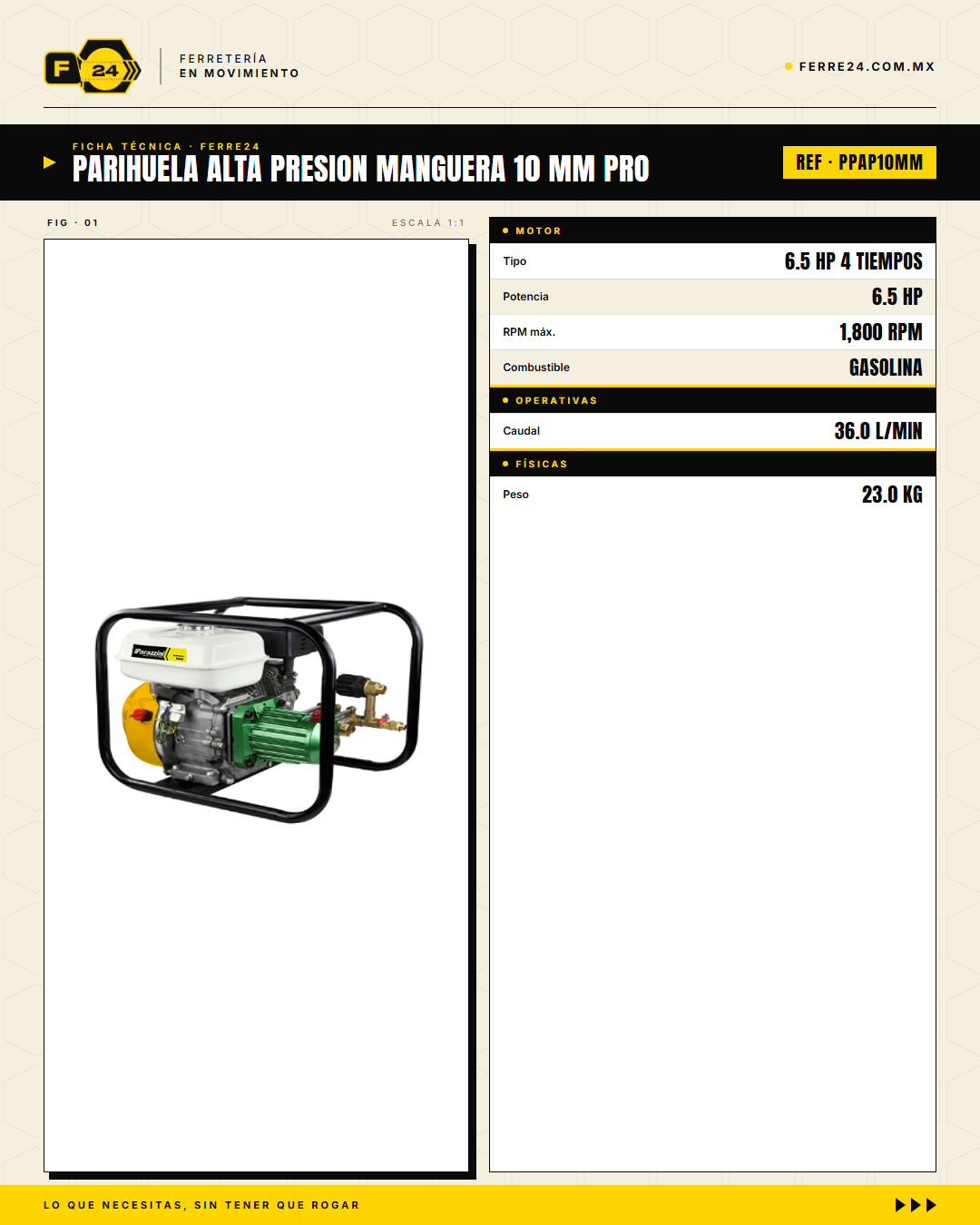 Parihuela Alta Presión — 6 MPa, 15 m de Alcance, 23 kg · specs