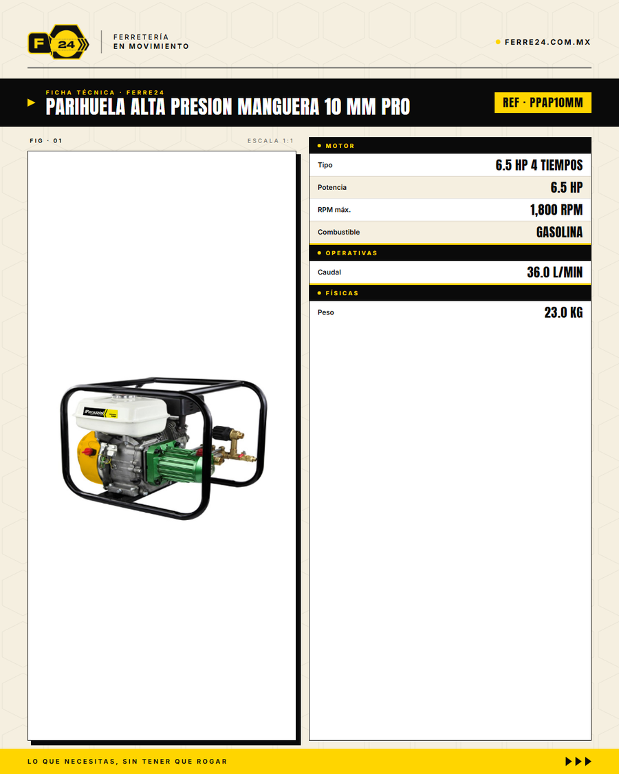 Parihuela Alta Presión — 6 MPa, 15 m de Alcance, 23 kg · specs
