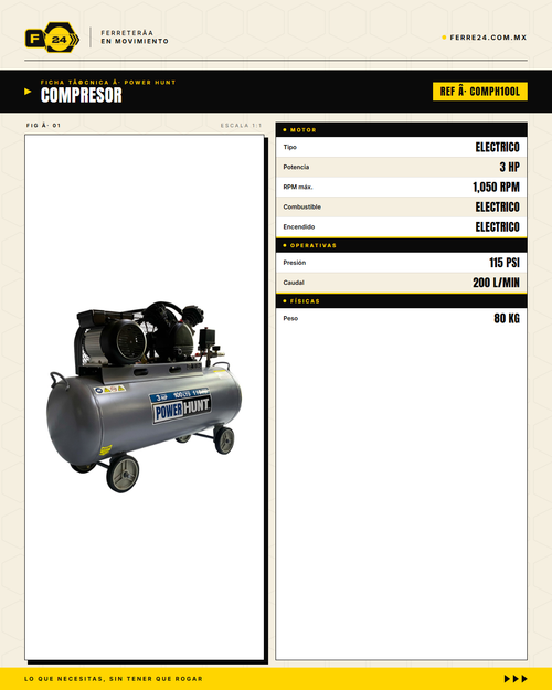 Compresor de Aire 3 HP 100 L Transmisión por Banda — Power Hunt COMPH100L · specs