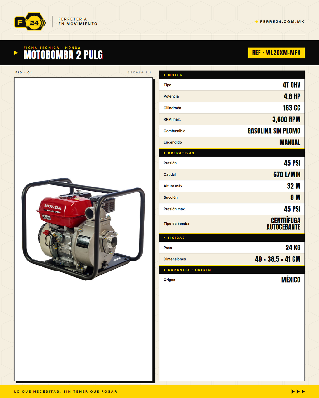 Motobomba Honda WL20XM-MFX 2" Autocebante, 670 L/min · specs