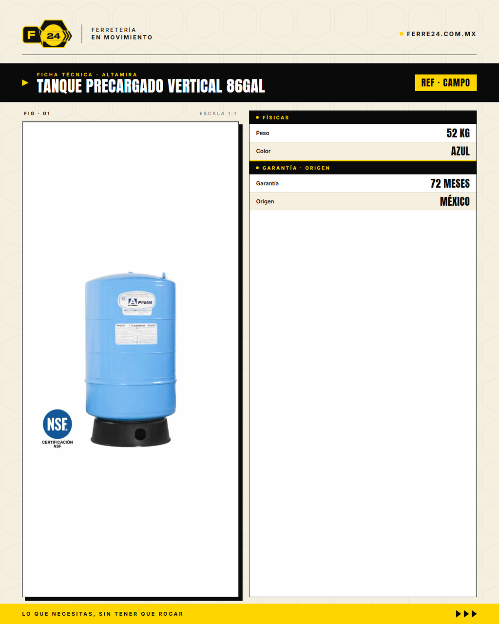 Tanque Precargado ALTAMIRA 86 Gal — Garantía 6 Años, Codo Inox 304 Incluido · specs