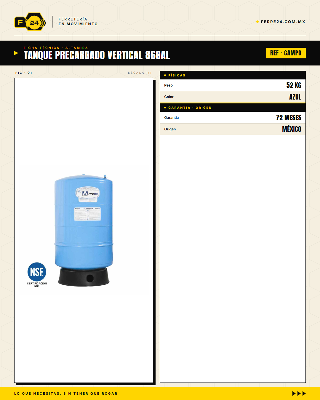 Tanque Precargado ALTAMIRA 86 Gal — Garantía 6 Años, Codo Inox 304 Incluido · specs