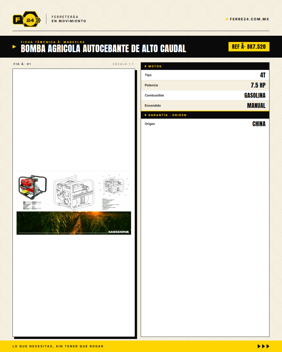 Bomba Agrícola Autocebante 7.5 HP 2" BK7.520 — 533 L/min, Aluminio · specs