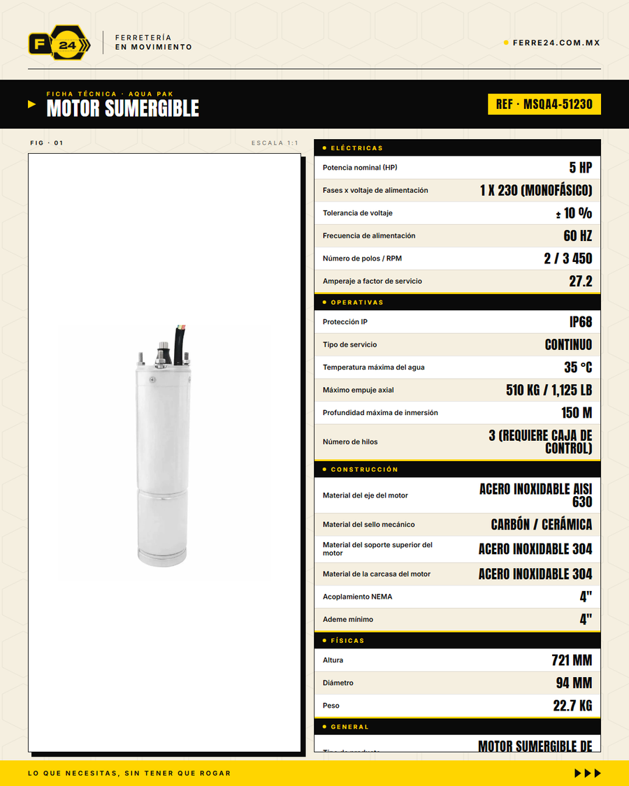Motor Sumergible AQUA PAK MSQA4-51230 — 5 HP, 1x230 V, IP68, Acero Inox 304, Serie 4" · specs