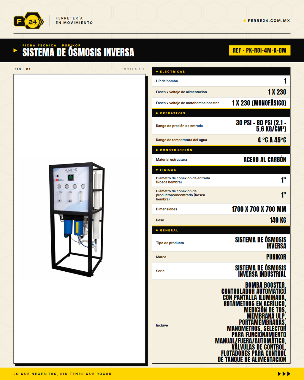 Sistema de Ósmosis Inversa Industrial PURIKOR — 6,912 GPD · specs