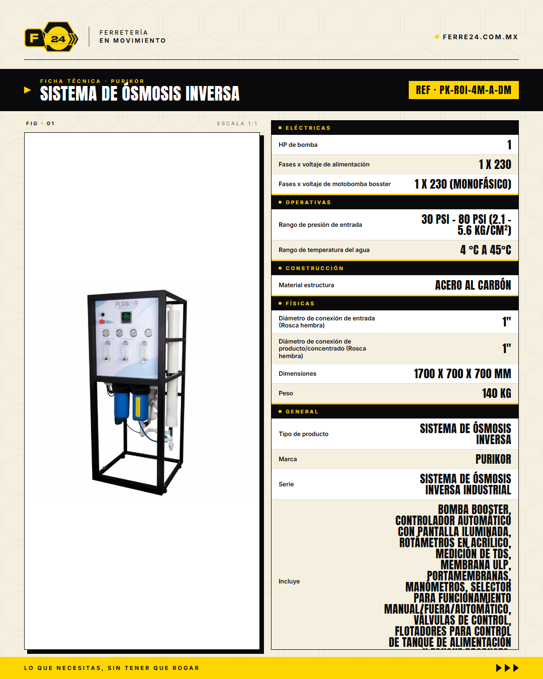 Sistema de Ósmosis Inversa Industrial PURIKOR — 6,912 GPD · specs