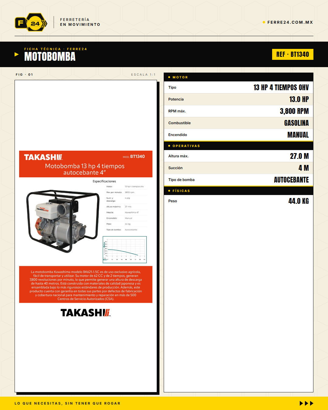 Motobomba Takashi 13 HP — 4", 44 kg · specs