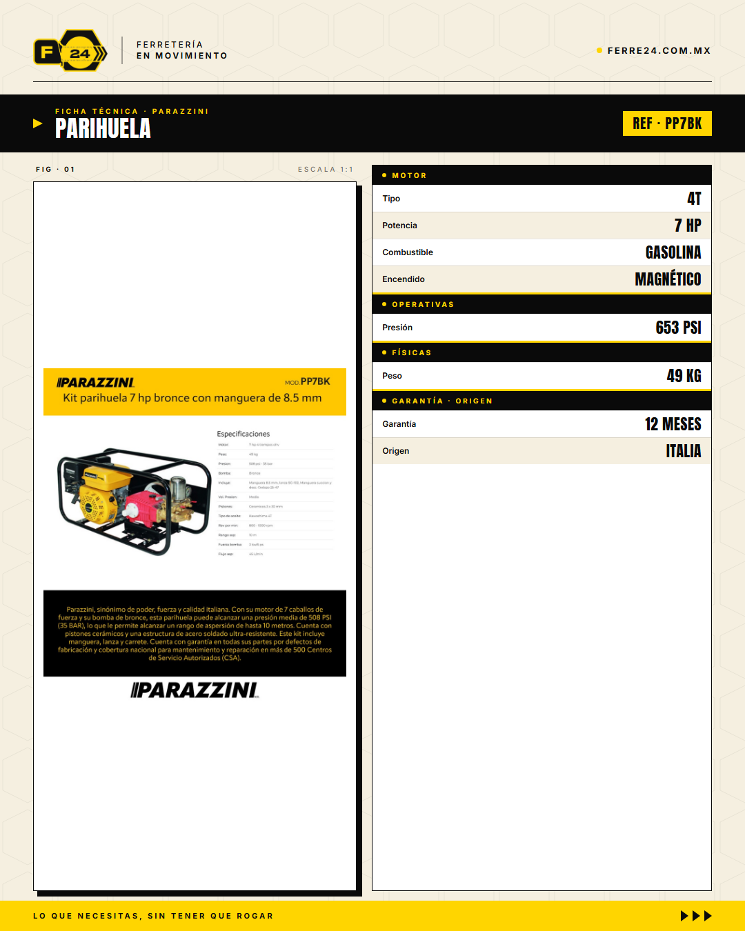 Kit Parihuela Parazzini 7 HP — Bomba Bronce + 100 m de Manguera · specs