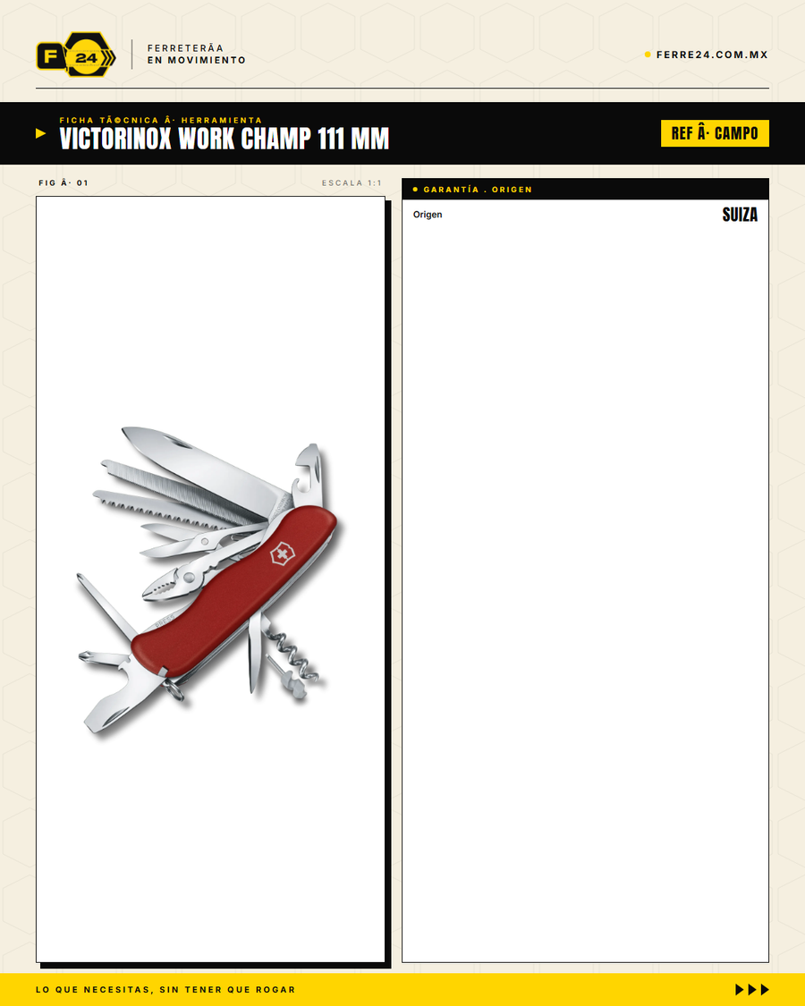 Victorinox Work Champ 111mm — Navaja Herramientas 21 Funciones Roja — ficha técnica