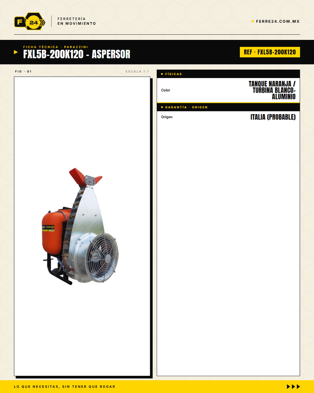 Aspersor de turbina vertical 200L Parazzini — acoplable a tractor, cardán 120 cm · specs