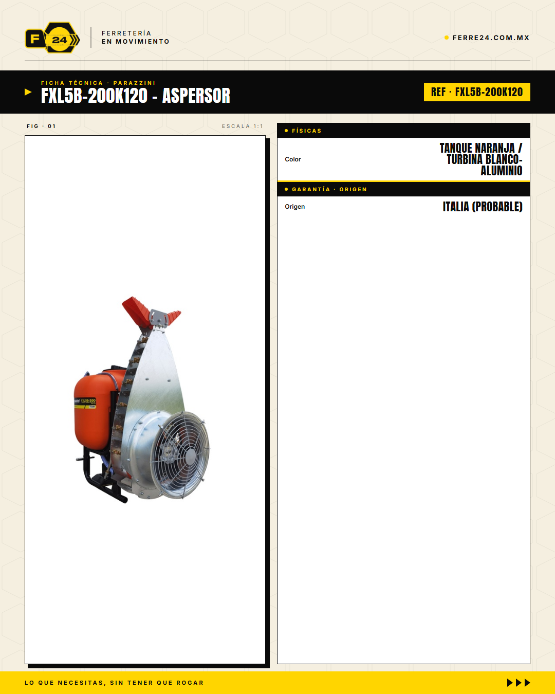 Aspersor de turbina vertical 200L Parazzini — acoplable a tractor, cardán 120 cm · specs