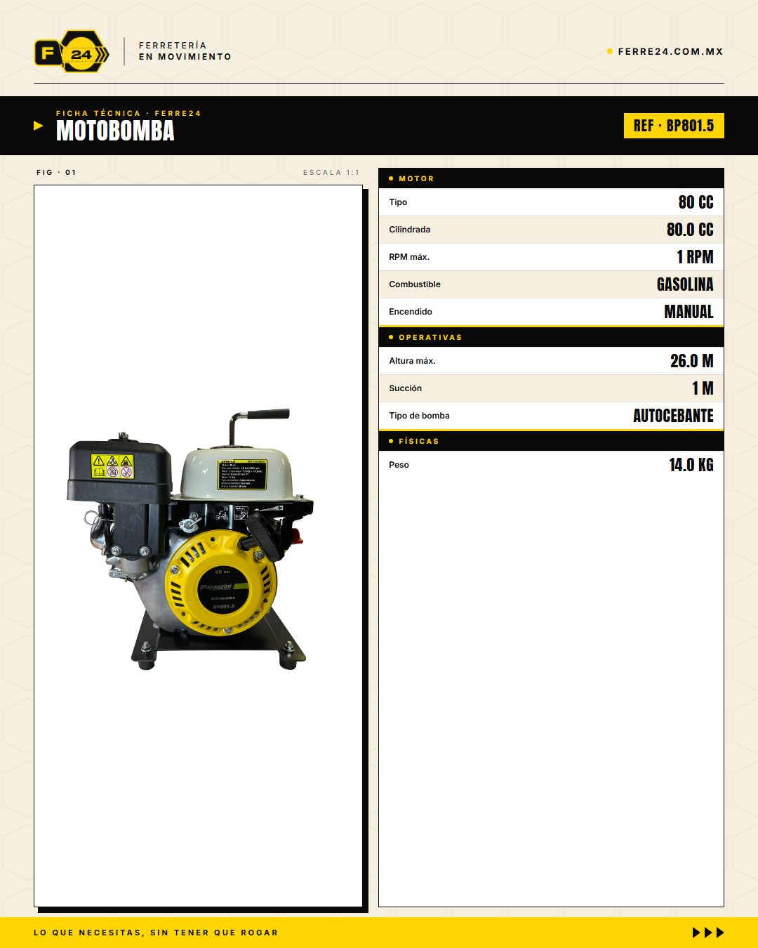Motobomba Autocebante 80 cc — 1.5", 14 kg · specs
