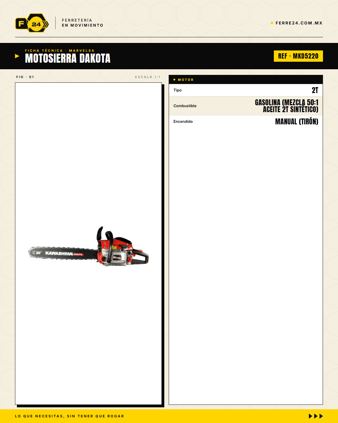 Motosierra Kawashima Dakota 52cc — Barra 20 Pulg. + Kit Completo · specs