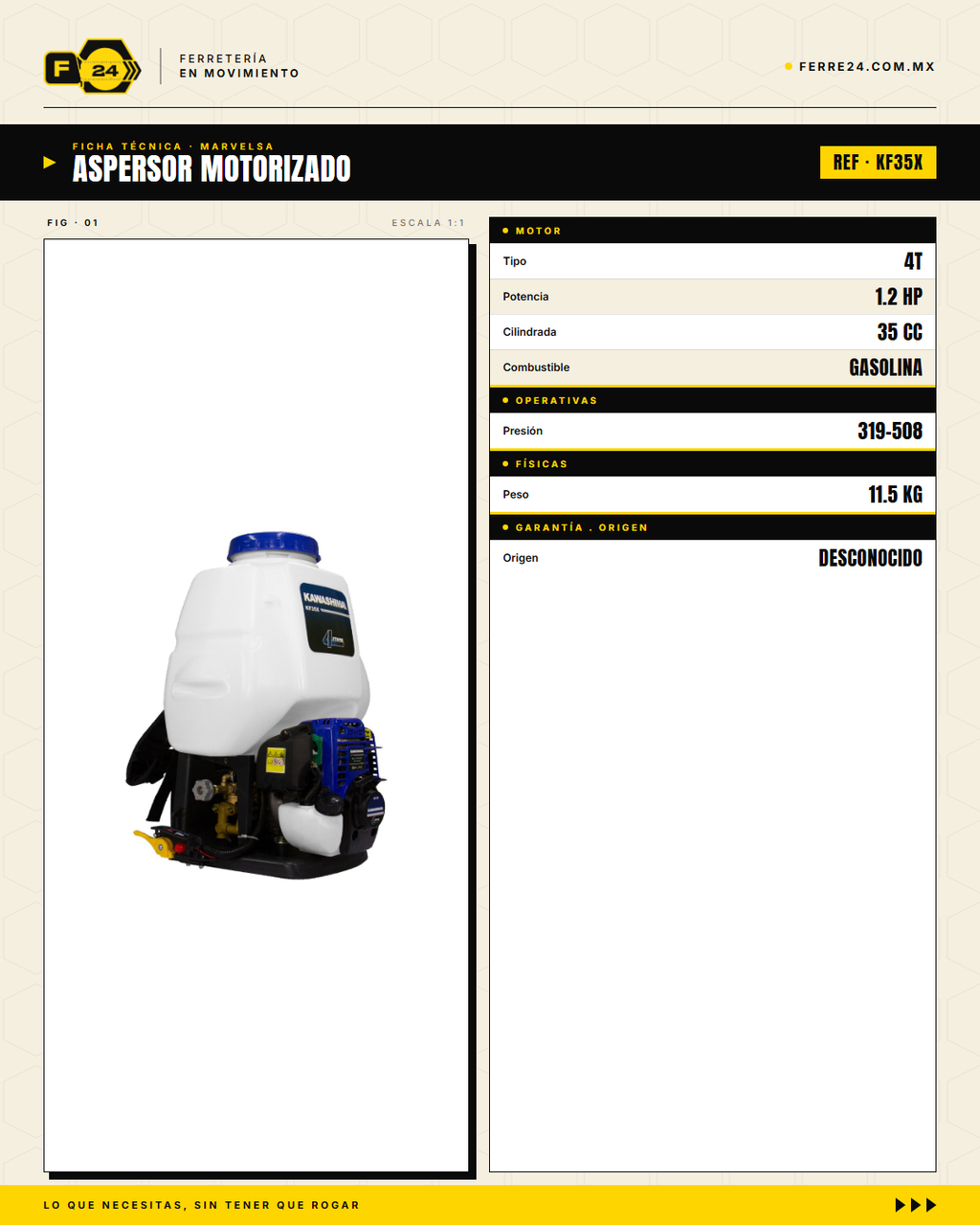 Aspersor Motorizado Kawashima KF35X — Motor 4T 35cc, Tanque 25 L

--- specs