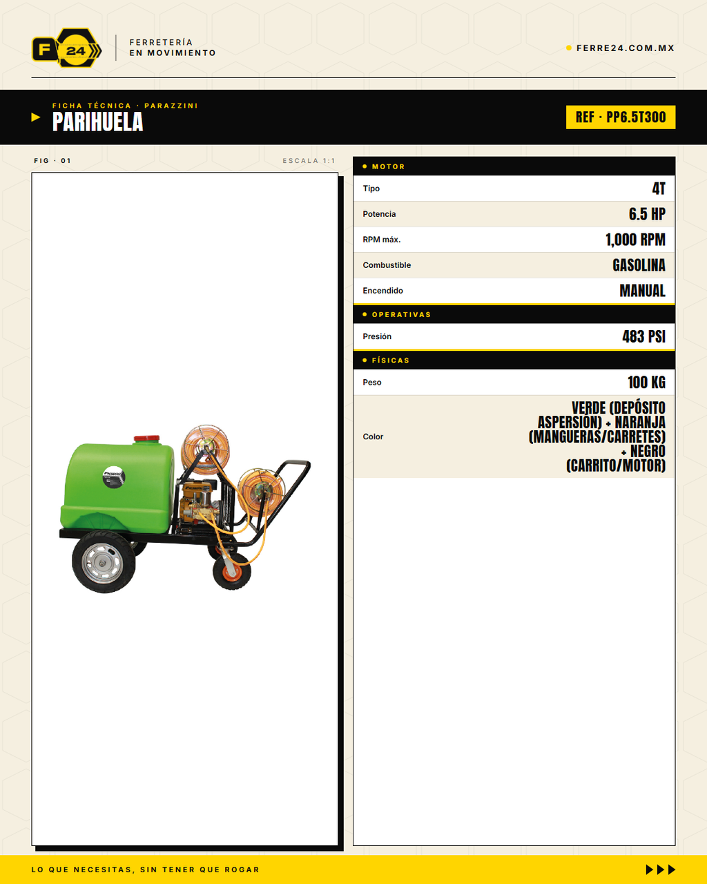 Parihuela Motorizada Parazzini 6.5HP — 240 Litros, Bomba de Bronce · specs