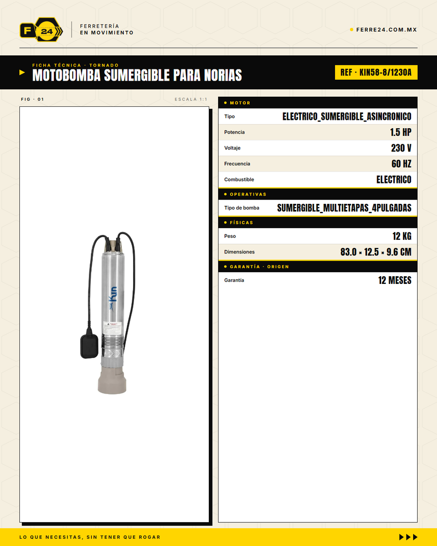 Motobomba Sumergible TORNADO 1.5 HP — Para Cisterna, Noria y Pozo Profundo hasta 15 m · specs