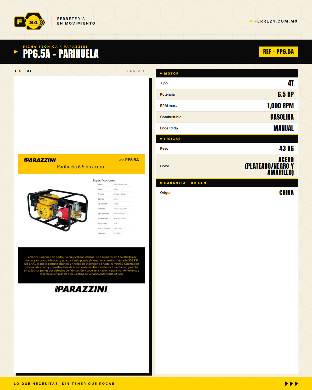 Parihuela Parazzini 6.5 HP — Motobomba a Gasolina sobre Carrito · specs