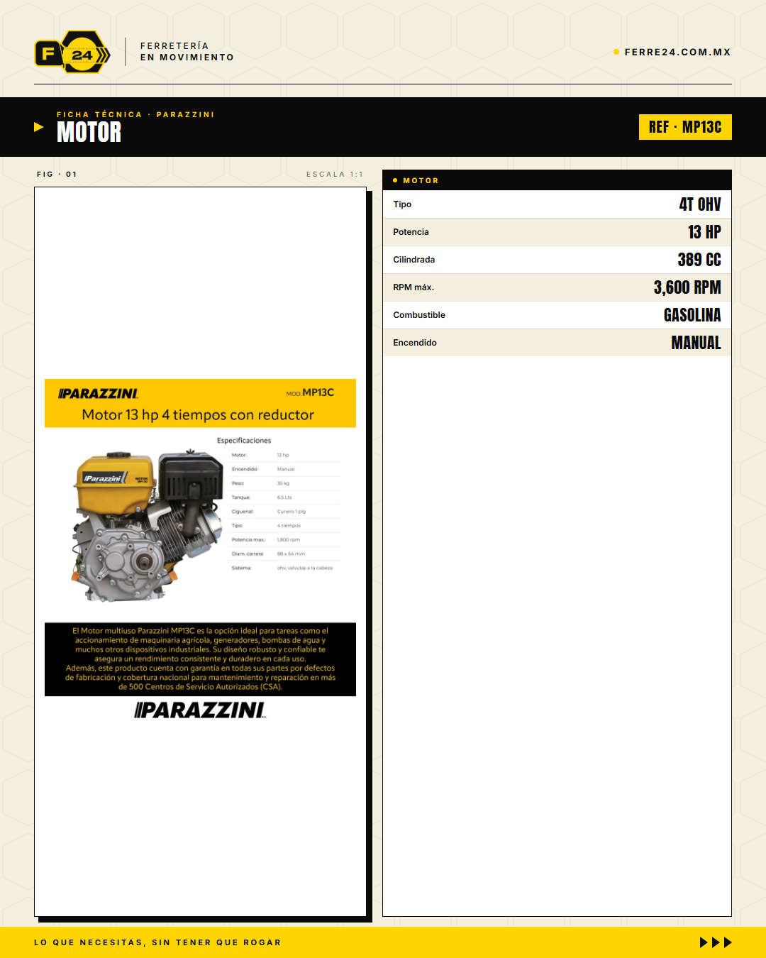 Motor Parazzini MP13C — 13 HP 4T con Caja Reductora Integrada · specs
