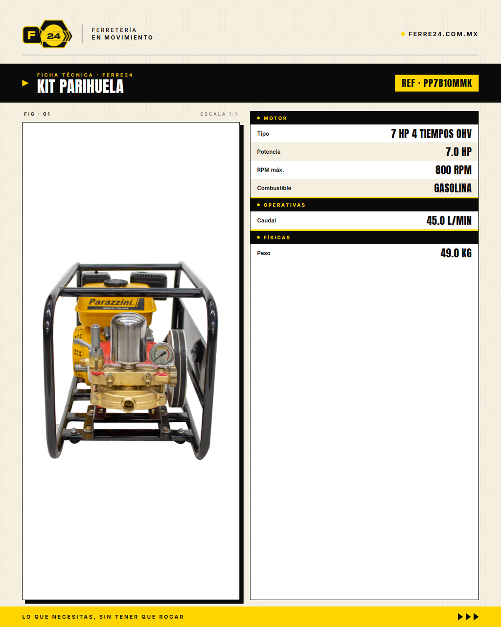 Parihuela 7 HP Bronce — 45 L/min, Manguera de 10 mm · specs