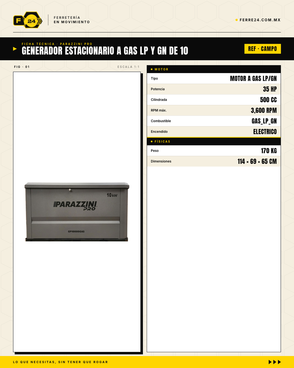 Generador Estacionario a Gas LP/GN 10 kW — Arranque Automático con ATS | Parazzini Pro GP10000GAS · specs