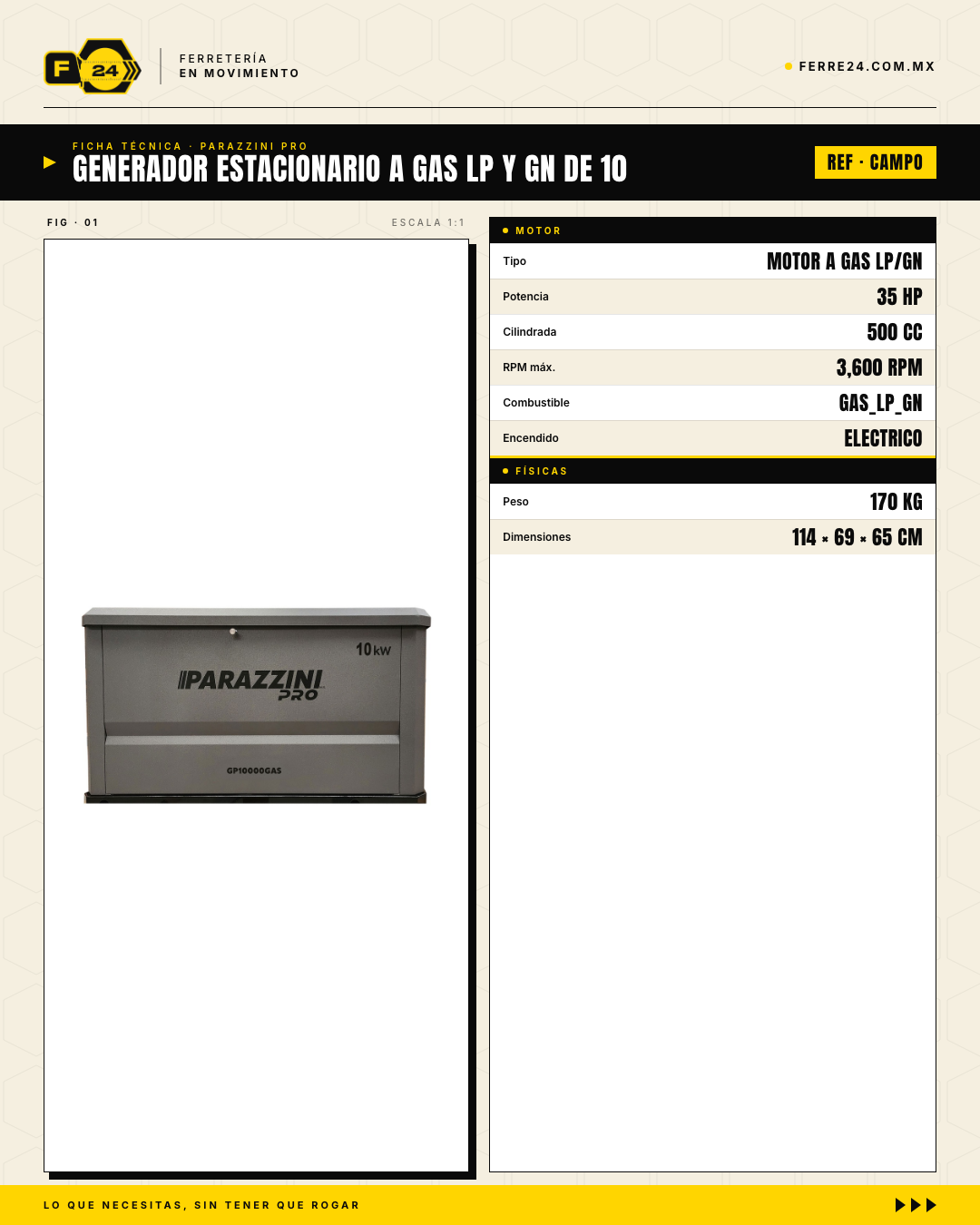 Generador Estacionario a Gas LP/GN 10 kW — Arranque Automático con ATS | Parazzini Pro GP10000GAS · specs