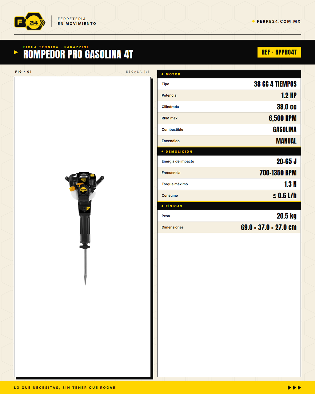 Rompedor a Gasolina 38 cc — 20 a 65 J, 4 Tiempos sin Mezcla · specs