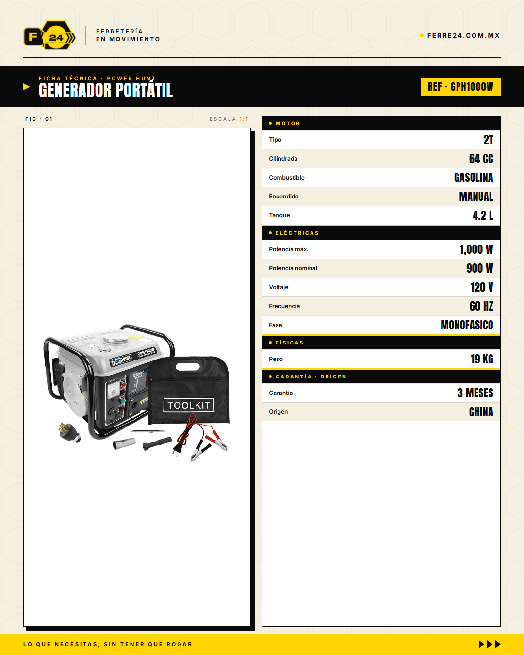 Generador Portátil Power Hunt 1000W — 6 Horas de Autonomía · specs
