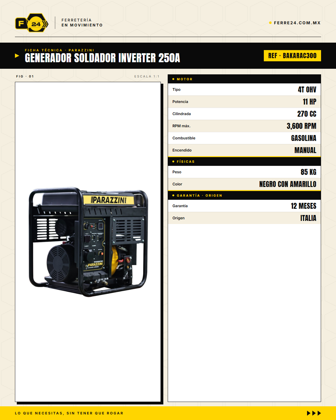 Parazzini BAKARAC300 — Generador Soldador Inverter 250A Gasolina · specs