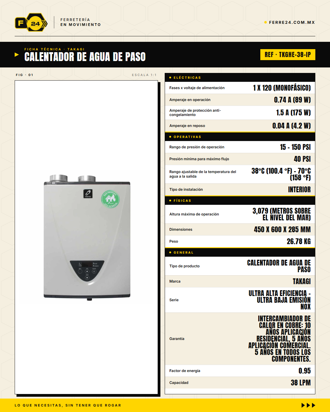 Calentador de Paso TAKAGI TKGHE-38-IP — Gas LP, 38 L/min, Ultra Alta Eficiencia · specs