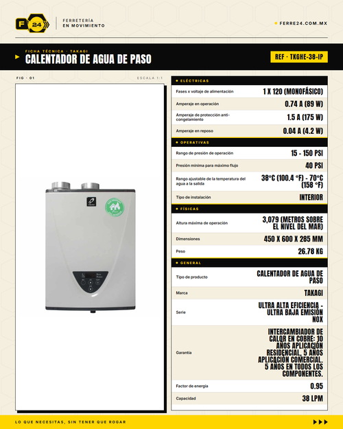 Calentador de Paso TAKAGI TKGHE-38-IP — Gas LP, 38 L/min, Ultra Alta Eficiencia · specs