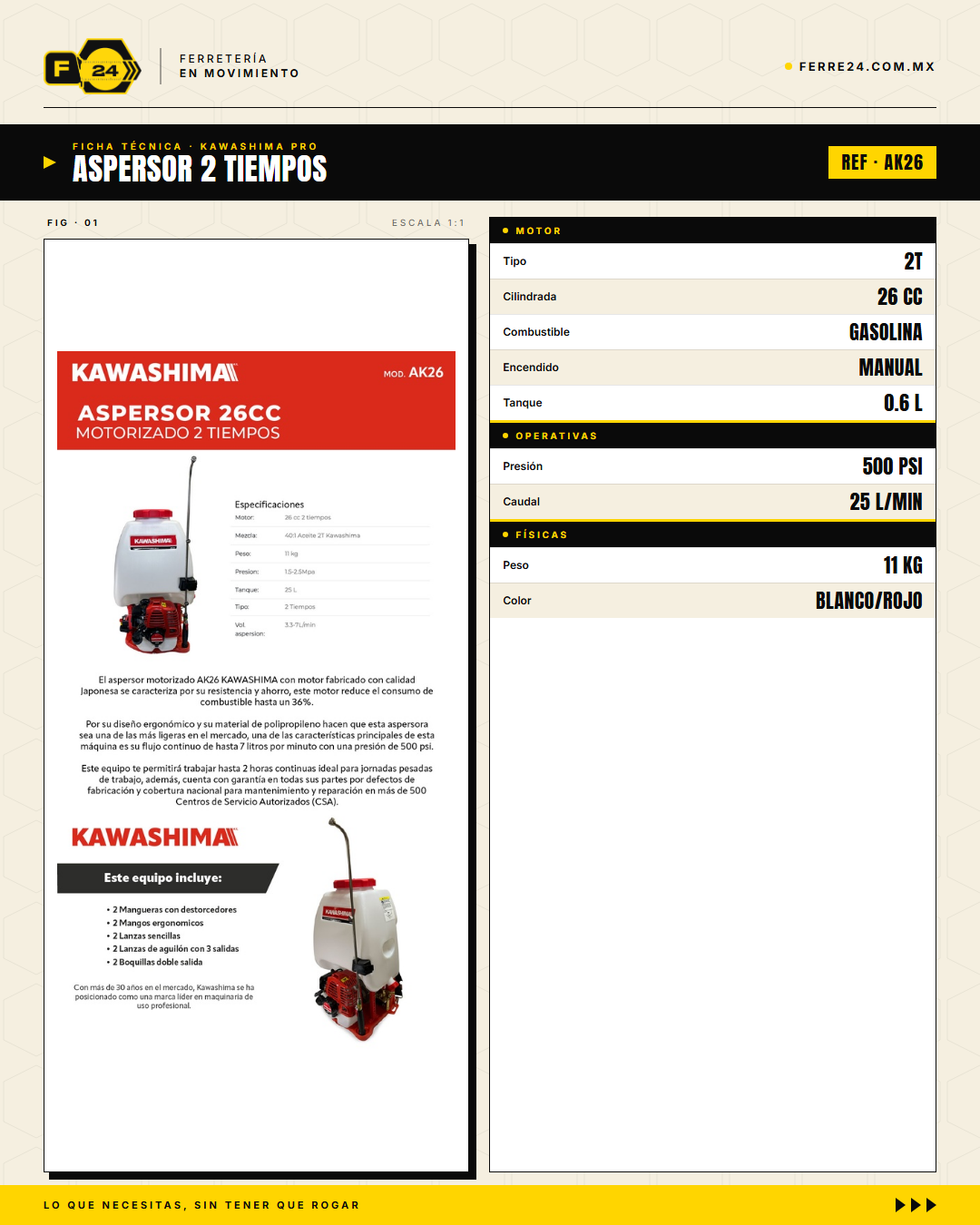 Aspersor Kawashima AK26 — Motor 2 Tiempos 26cc, Depósito 25 Litros · specs