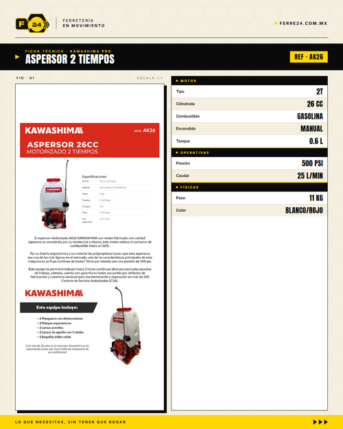 Aspersor Kawashima AK26 — Motor 2 Tiempos 26cc, Depósito 25 Litros · specs