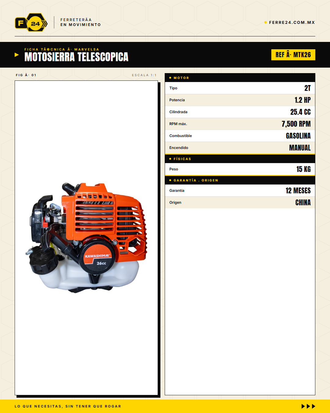 Motosierra telescópica Kawashima MTK26 — ficha técnica