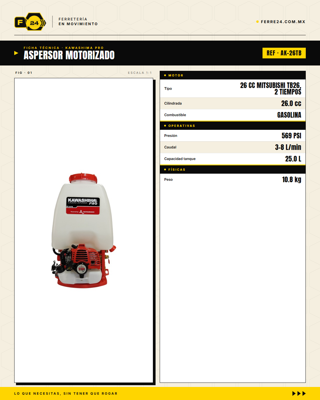 Aspersor de Mochila 26 cc — Motor Mitsubishi TB26, Tanque de 25 L · specs