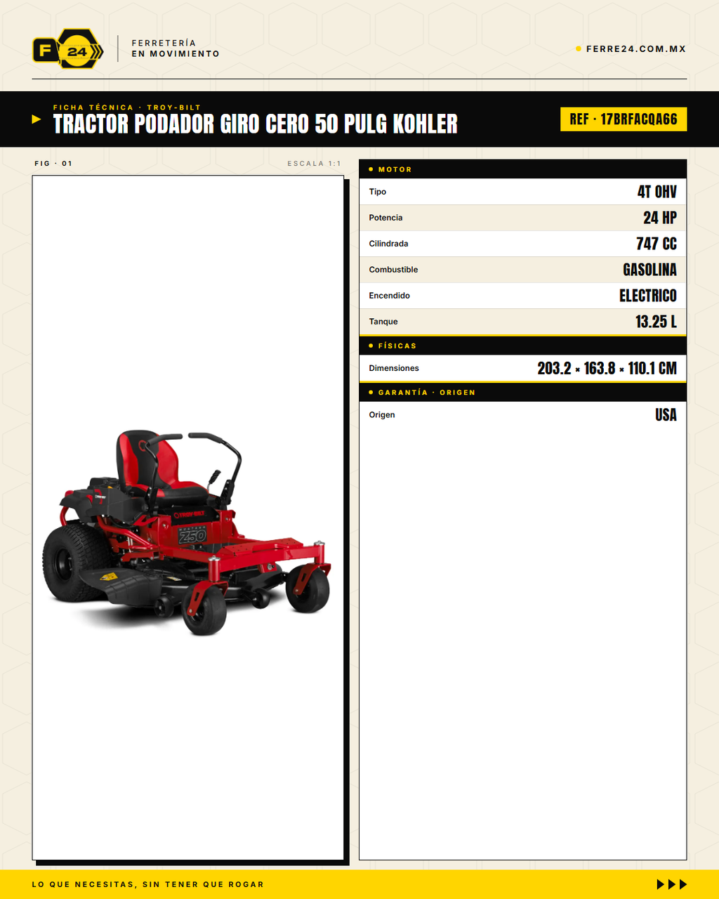 Tractor Podador Giro Cero 50" Kohler 24HP - Troy-Bilt Mustang Z50 · specs