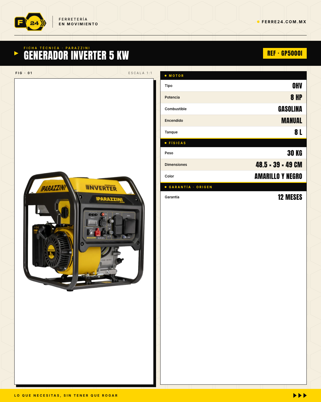 Generador Parazzini Inverter 5 KW — Respaldo Confiable para Casa, Negocio y Obra · specs
