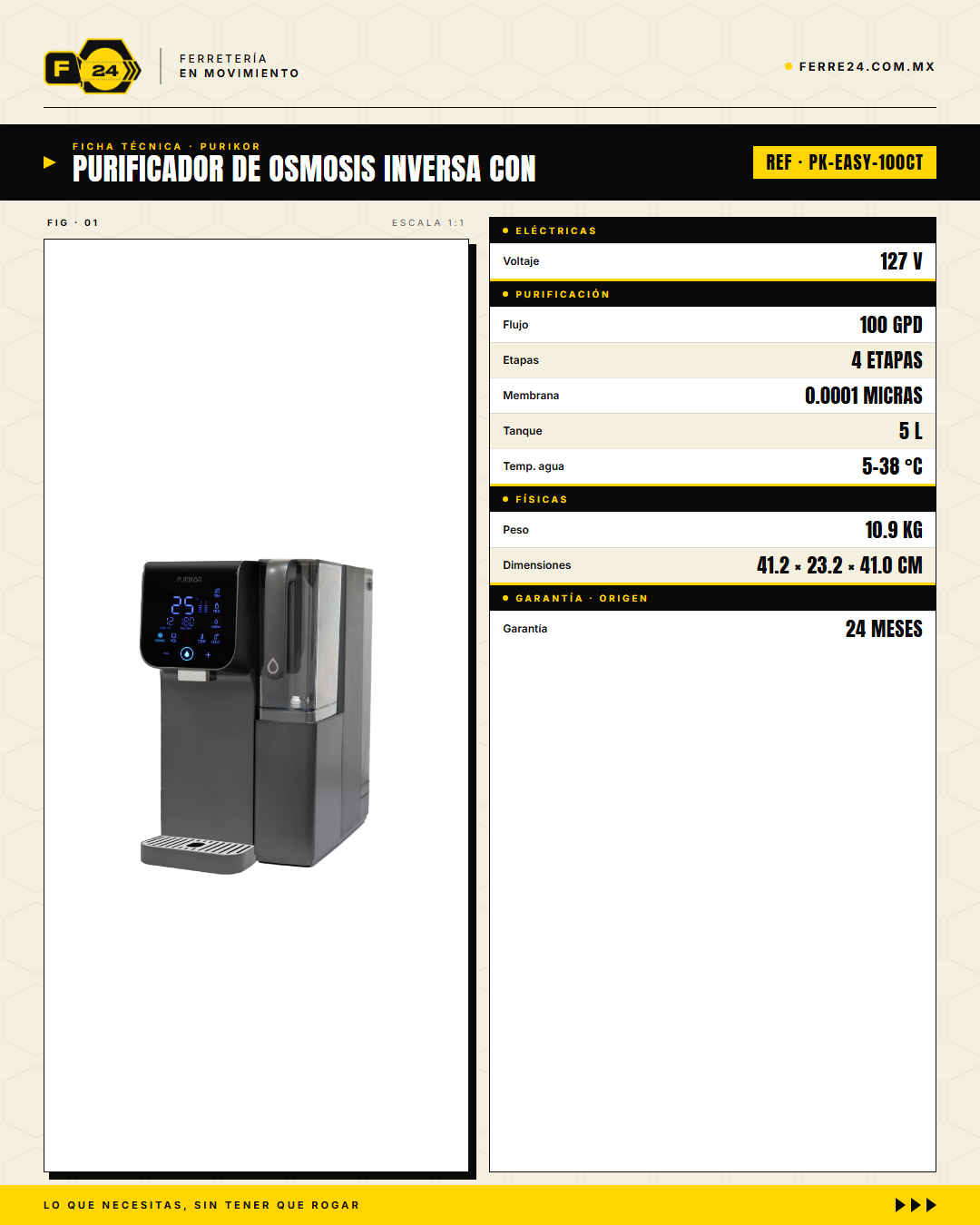 Purificador de Ósmosis Inversa 100GPD con Dispensador — PK-EASY 100CT · specs